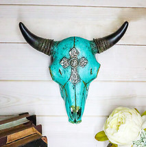 10.5&quot;W Turquoise Southwest Steer Bison Bull Cow Skull Silver Cross Wall Decor - £34.00 GBP