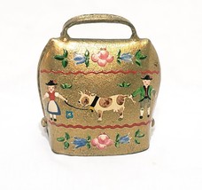 Brass Cow Bell Metal Hand Painted Flowers Children 3&quot; Vintage Figurine - £26.61 GBP