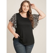 Bloomchic Ditsy Floral Ruffle Sleeve Round Neck T-Shirt Black 26 - £15.16 GBP