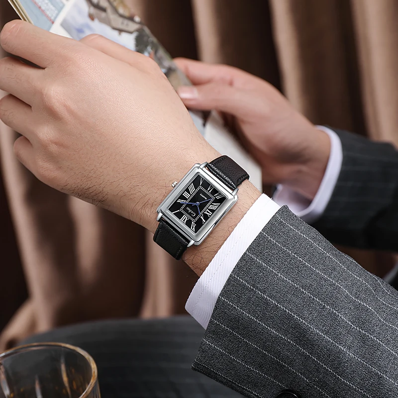 New Fashion Luxury Designer Rectangle Dial Quartz Watch Men Leather Band... - £13.55 GBP