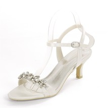 Mid Heels Satin Crystals Wedding Sandals Shoes Women Open Toe Ankle Buckle Strap - £69.15 GBP