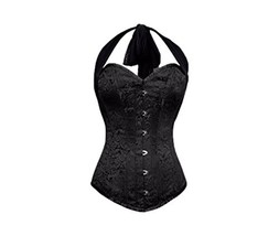 Black Brocade Gothic Corset with Halter Neck Plus Size Overbust Waist Cincher - £65.53 GBP