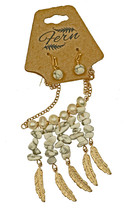 Gold Tone Feathers with White Turquoise Necklace &amp; Earing Set - £19.77 GBP