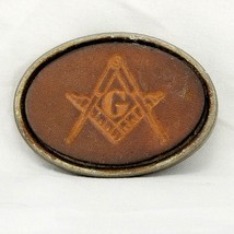Vintage Belt Buckle Mason Masonic Freemason Fraternal Square Compass Leather - £31.64 GBP