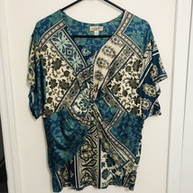 One World Womens Blue Mixed Print Short Kimono Sleeve Stretch Blouse Size M - £13.38 GBP
