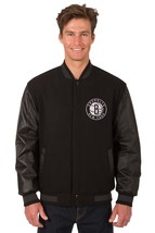 NBA Brooklyn Nets Wool Leather Reversible Jacket Front Patch Logos Black - £178.62 GBP