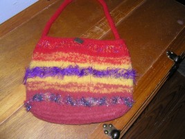 Handmade Fire Red Yellow &amp; Purple Boiled Wool &amp; Frilly Yarn Small Purse ... - £7.46 GBP