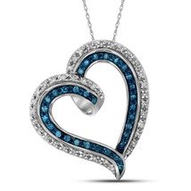 10k White Gold Round Blue Color Enhanced Diamond Outline Heart Pendant 1/5 - £157.24 GBP