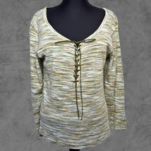 Nautica Lace-Up Scoop Neck Knit Top Women's L Olive Green Lt Blue White ... - $19.00