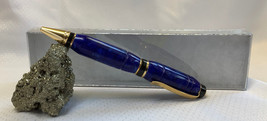 Hand Crafted Turned Wood Pen &amp; Gift Box Goldtone Trim Blue Swirl Black Ink  - £23.94 GBP