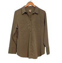 Chicos Long Sleeve Shirt Hidden Button Up Blouse Size 2 Olive Green Text... - $15.48