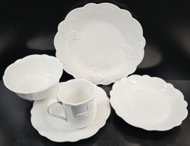 5 Pc Lenox Butterfly Meadow Carved Vanilla Plates Bowl Mug Set White Dishes Lot - £63.74 GBP