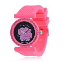 STRADA Austrian Cry. Japanese Move. Floral Face Watch w/Pink Silicone Band  W012 - £18.97 GBP