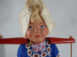 Vintage Dutch Doll 9&quot; tall with copper buckets wooden shoes - $16.82