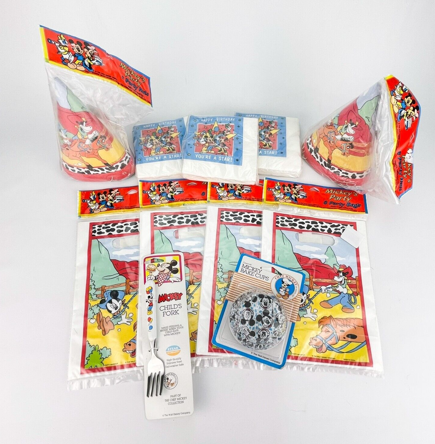 Vintage Chef Mickey Mouse Party Bag Hats Napkin Bake Cups Childs Fork Cowboy - $38.65