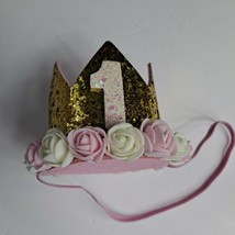 First Birthday Girl Crown Hats Party Celebration gold Glitter roses baby... - $11.88