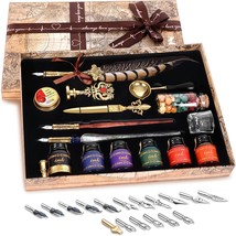 Nc Quill Pen Ink Set,Includes Quill Pen,Wooden And Glass Dip Pen,6 Bottles, Cup. - £36.79 GBP