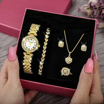 Fashion Luxury Full Crystal 5 Pcs Watch Necklace Earrings Ring Set for Women Rhi - £31.44 GBP+