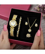 Fashion Luxury Full Crystal 5 Pcs Watch Necklace Earrings Ring Set for W... - $742.38 MXN+