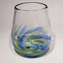 Artisan Studio Hand Blown Art Glass Blue &amp; Yellow Swirl Stemless Wine Gl... - $24.95