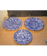 3 Vintage ROMA Spongeware Blue &amp; White Speckled Plates Italy Pottery - $64.35
