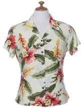 Two Palms Womens Hawaiian Shirt Beige Multicolor Floral Orchid Pua Fitted - £45.55 GBP