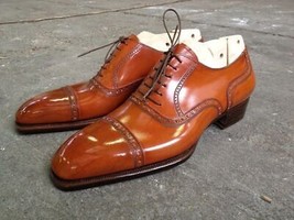 Men Brown Italian Leather Oxford Toe Cap Brogue Lace Up Formal Dress Shoes - $219.03 CAD+