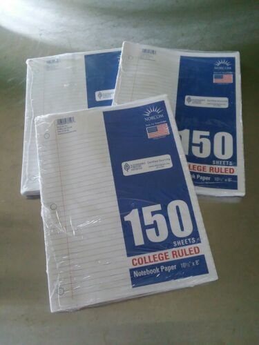 Filler Paper 10-1/2 x 8 Inches College Ruled 3 Reams Lot 150 Sheets Each - $9.40