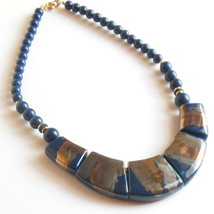 Vintage Blue Japan Bead Necklace 17 Inch Gold Tribe Like Indian Beaded J... - £14.12 GBP