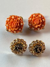 Lot of Vintage Goldtone Dimensional Rose &amp; Carved Coral Celluloid w Tiny Seed Pe - £11.51 GBP