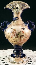 Stunning Satsuma Pottery Handled Vase w Geishas &amp; Cobalt Glaze Raised De... - £135.53 GBP