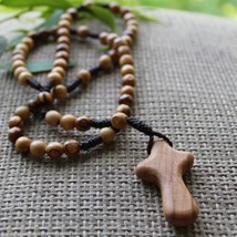 6-7mm Beads, Handmade Olive Wood Cross Beaded Necklace, Holy Land Smooth Round P - £23.85 GBP