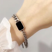 Silver Color Punk Chain Bracelet for Women New Trendy Simple Rectangular Black Z - £13.00 GBP