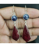 Natural Ruby &amp; Sapphire Earrings-925 Sterling Silver Earring-Beautiful E... - £58.02 GBP
