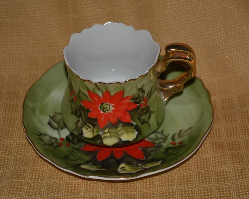Lefton China Poinsettia Cup & Saucer Set Christmas # 4392 Limited Edition - $19.35