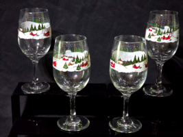 Vintage LIBBEY 7.75&quot; Wine Goblet WINTER VILLAGE Country Farm Scene - Set... - $31.05 CAD
