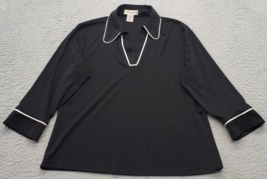 Notations Blouse Womens Petite Large Black Solid Long Sleeve White Trim ... - $15.79