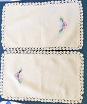 Embroidered Crocheted 2 Small Tan Vanity Dresser Scarfs Pansies 10&quot; x 16&quot; VTG - £5.94 GBP