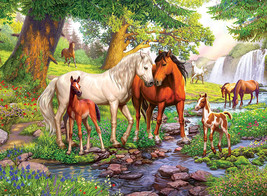 Framed Canvas Art Print Painting Wild Horses Mare Foal In Forest With Waterfall - £31.15 GBP+