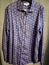 Vtg Murano Collection Slim Fit Sz L Button Up Shirt Blue Flowers 60s 70s... - £11.48 GBP