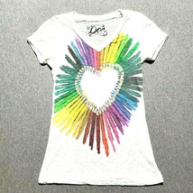 Y2K DOE Heart Love TShirt S Vtg French Cut Baby Tee Color Pencil Art Burnout USA - £20.46 GBP