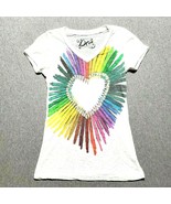 Y2K DOE Heart Love TShirt S Vtg French Cut Baby Tee Color Pencil Art Bur... - $25.69