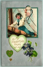 My Valentine Think of Me Sailor Blue Boy Foiled Embossed Unused DB Postcard H4 - £10.01 GBP