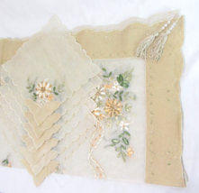 Embroidered Floral Beaded Silk Organza 44x44 Scalloped Tablecloth and Na... - £58.84 GBP