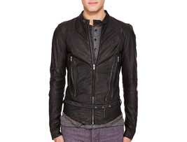 Black Men Biker Jacket With Tab Collar Belted Waist Front Zipper Real Leather - £110.33 GBP