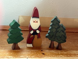 Lot of Painted Wood Green Pine Trees &amp; Santa Claus w Toy Bag Christmas H... - £8.87 GBP
