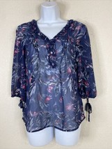 Elle Womens Size XS Sheer Blue Floral Ruffle Blouse 3/4 Tie Sleeve - £4.96 GBP