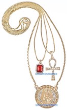Pharaoh Three Necklaces With Red Stone And Ankh New Set On 24&quot; &amp; 30&quot; Box Chains - £29.63 GBP
