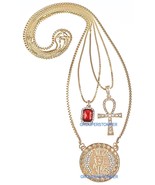 Pharaoh Three Necklaces With Red Stone And Ankh New Set On 24&quot; &amp; 30&quot; Box... - $692.45 MXN