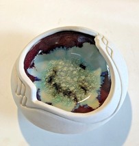 FARINA Signed Handmade Pottery w Fused Glass Trinket Bowl Ivory Blue Dark Brown - £30.93 GBP